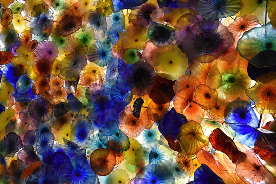 Dale Chihuly glass art, colorful pattern of glass flowers visible on the ceiling of Bellagio Hotel, Las Vegas, Nevada, USA, September 17, 2022 