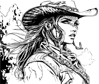 Woman with cowboy hat portrait, Vector Cowgirl drawn illustration isolated on white. Cute girl with western clothes
