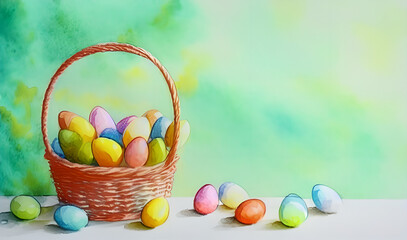 easter eggs in basket - watercolor - banner - generative ai - mockup - template- art - painting