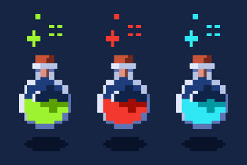 Potion spell game item pixel art style 3 variations, perfect for stickers and decorations
