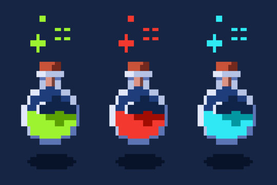 Potion Spell Game Item Pixel Art Style 3 Variations, Perfect For Stickers And Decorations