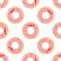 Cute donut seamless pattern. Vector illustration. Food icon concept. Flat cartoon style.