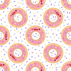 Fototapeta premium Cute donut seamless pattern. Vector illustration. Food icon concept. Flat cartoon style.