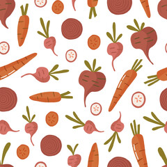 Cartoon seamless pattern with red vegetables. Beet, radish and carrot. Banner, web, farmers market, poster, wallpaper, print, promotional material. Vector illustration on white background.