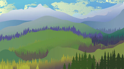 Vector image, mountain landscape. panorama with forest and mountains