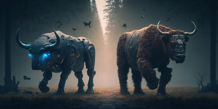 Uma vaca e e um touro mecânicos andando lado a lado em uma floresta misteriosa durante o por do sol - AI Generated