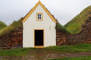 Fototapeta na wymiar Traditional sod buildings, Iceland. Environmentally friendly with good climate control.