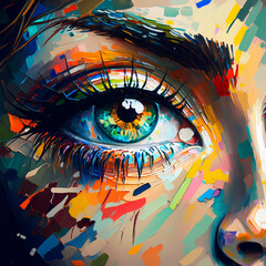 Female eye impressionist painting vibrant colors, paint strokes, textured, Generative AI
