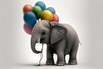 Cute Baby Elephant Celebrating with Colorful Balloons, Generative Ai