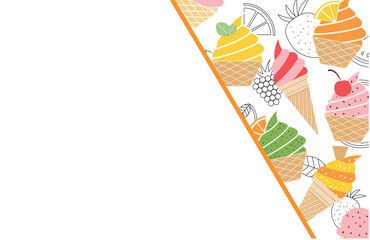 Vector banners of tropical fruits with seamless pattern. Design for juices, ice cream, natural cosmetics, sweets and pastries with fruit filling, dessert menu, health products. With place for text. - 571926989