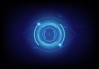 Background technology abstract blue eyes Tech circles of various sizes in lines and dots and bright lights below with electronic circuits have elements on a blue gradient background.