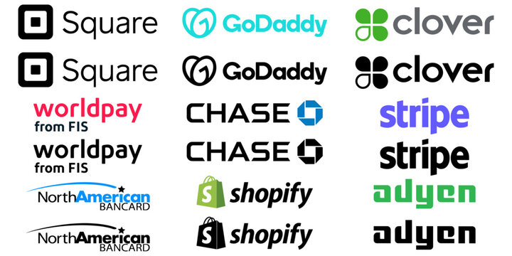 Set of logos on an isolated background: Stripe, Shopify, Clover, Adyen, Square, North American bancard, Worldpay, Chase, Go Daddy. Editorial vector EPS 10