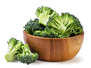 Broccoli slices in a wooden plate on a white background. Isolated