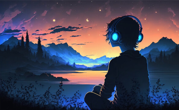 Lofi style. Ethereal boy listening music, wearing headphones. Sitting outer. Looking at beautiful landscape. Night. Relaxing atmosphere. Positive vibes. Stars, lake, mountains, night. Generative AI