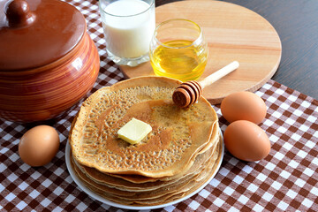 blini on plate with eggs, honey dipper, glass of milk and ceramic pot on plaid tablecloth
