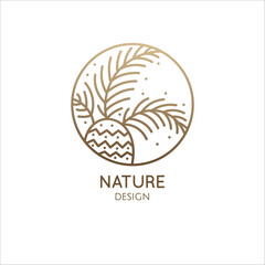 Tropical plant logo. Decoraitive palm tree in linear style. Round outline emblem. Vector abstract badge for design of natural product, flower shop, cosmetics, ecology concepts, health, spa, yoga.
