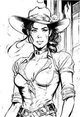 Woman with cowboy hat portrait, Vector Cowgirl drawn illustration isolated on white. Cute girl with western clothes