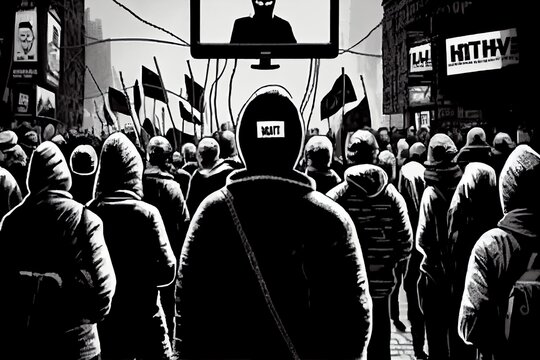 Angry protesters connected to media and surveillance network. Generative AI