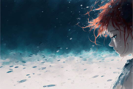 Lofi style. Boy or girl under the sea watter background. Dark ocean bubbles. Relaxing chill atmosphere. Positive vibes. Profile picture. Watercolor illustration. Anime. Cartoon. Manga. Generative AI.