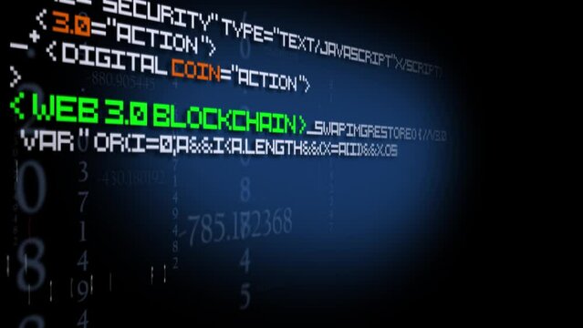 Web3 blue screen code web 3.0 blockchain coding program text decentralization cryto tag cloud text words data currency video cryptocurrency bitcoin ethereum big data 
