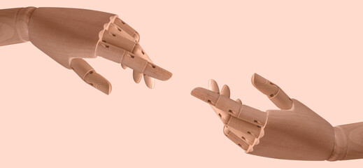 Cropped view of wooden hands pulling fingers to each other.