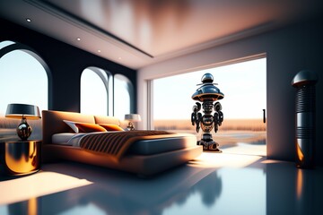 Futuristic house interior with robots , house interior designs AI 