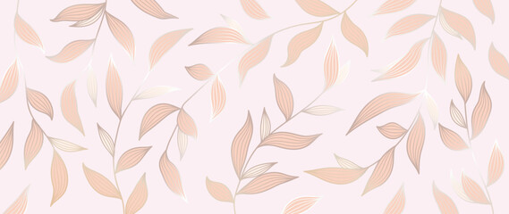 Botanical abstract art vector. Wallpaper in a minimalist style with golden lines of artistic flowers and botanical leaves, organic shapes. Background for banner, poster, fabric, packaging.