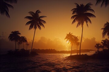 Obraz na płótnie Canvas Tropical sunset coconut palm trees silhouettes. Generative AI