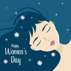 Banner poster for International Women's Day March 8. Gift card with a cartoon character - a girl with closed eyes and flowers.