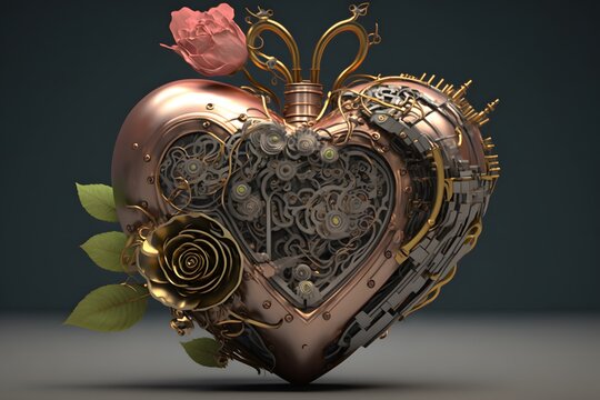 mechanical heart with rose created using AI Generative Technology