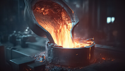 Molten metal in big ladle container at metallurgical foundry plant, heavy industry. Industry metallurgical process. 
