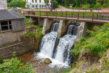 Venta Rapid (Ventas Rumba) waterfall, the widest waterfall in Europe and long brick bridge, Kuldiga, Latvia.