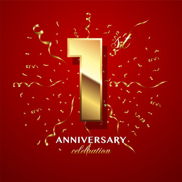 1st Anniversary Celebration. logo design with golden numbers and text for birthday celebration event, invitation, wedding, greeting card, banner, poster, flyer, brochure. Logo Vector Template