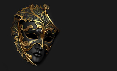 Golden male mask on a black background. Venetian golden mask on a dark background banner. Decor for the Mardi Grad festival. Generative AI