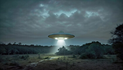 Fototapeta na wymiar The phenomenon of UFO sightings, lights above a forest in the night sky, Generative AI