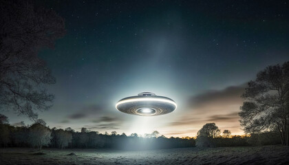 Fototapeta na wymiar UFO encounter, Unidentified flying object with bright lights, Generative AI