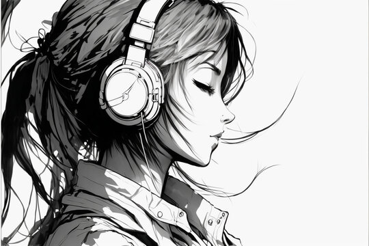 Lofi style beautiful girl listening to music with headphones and closed eyes. Black and white. Relaxing chill atmosphere. Positive vibes. Profile picture illustration. Generative AI.