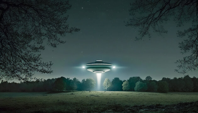 Unidentified flying object in field at night, UFO above a forest, Generative AI