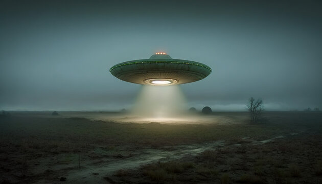 Mysterious UFO sighting: floating space ship with lights above field at night, Generative AI