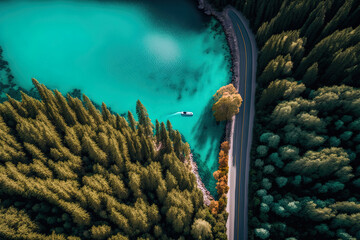 Blue lake in the middle of a green forest, highway in the forest, top view, aerial photography. AI