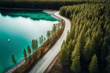 Blue lake in the middle of a green forest, highway in the forest, top view, aerial photography. AI