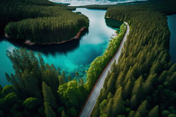 Blue lake in the middle of a green forest, highway in the forest, top view, aerial photography. AI