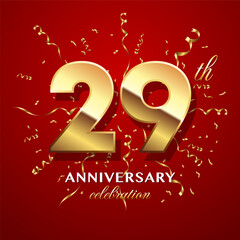 29th Anniversary Celebration. logo design with golden numbers and text for birthday celebration event, invitation, wedding, greeting card, banner, poster, flyer, brochure. Logo Vector Template