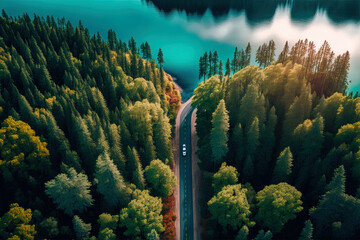 Fototapeta na wymiar Blue lake in the middle of a green forest, highway in the forest, top view, aerial photography. AI