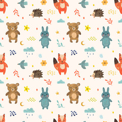 Children's print with animals, fox, bear, hedgehog, hare. Forest animals. Endless pattern, watercolor illustration