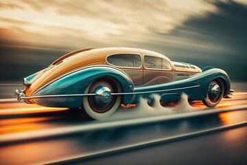 Plakat A retro futuristic high speed car with motion blur. generative AI