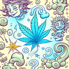 Fototapeta na wymiar Artistic cannabis and magical smoke kawaii style doodle illustration