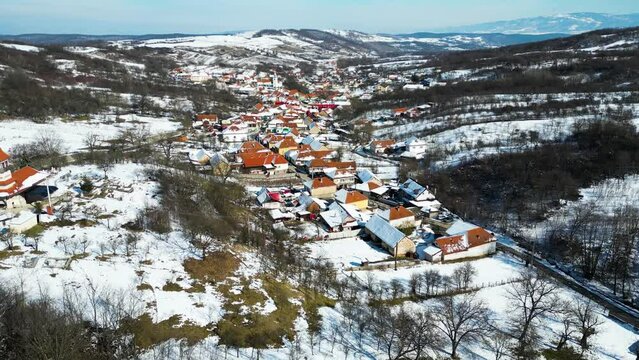 Silvasu de Sus village, Hateg, Romania, Europe. Drone footage.