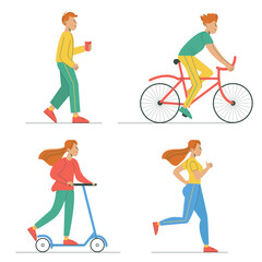 Vector illustration in flat design of people engaged in various sports. Running, walking, cycling. World health day. Healthy lifestyle