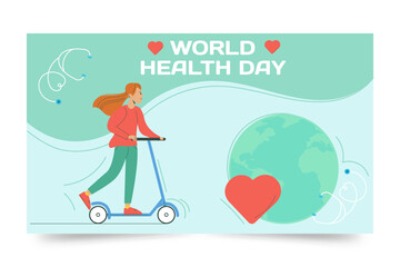 Flat world health day horizontal banner. A woman riding a scooter